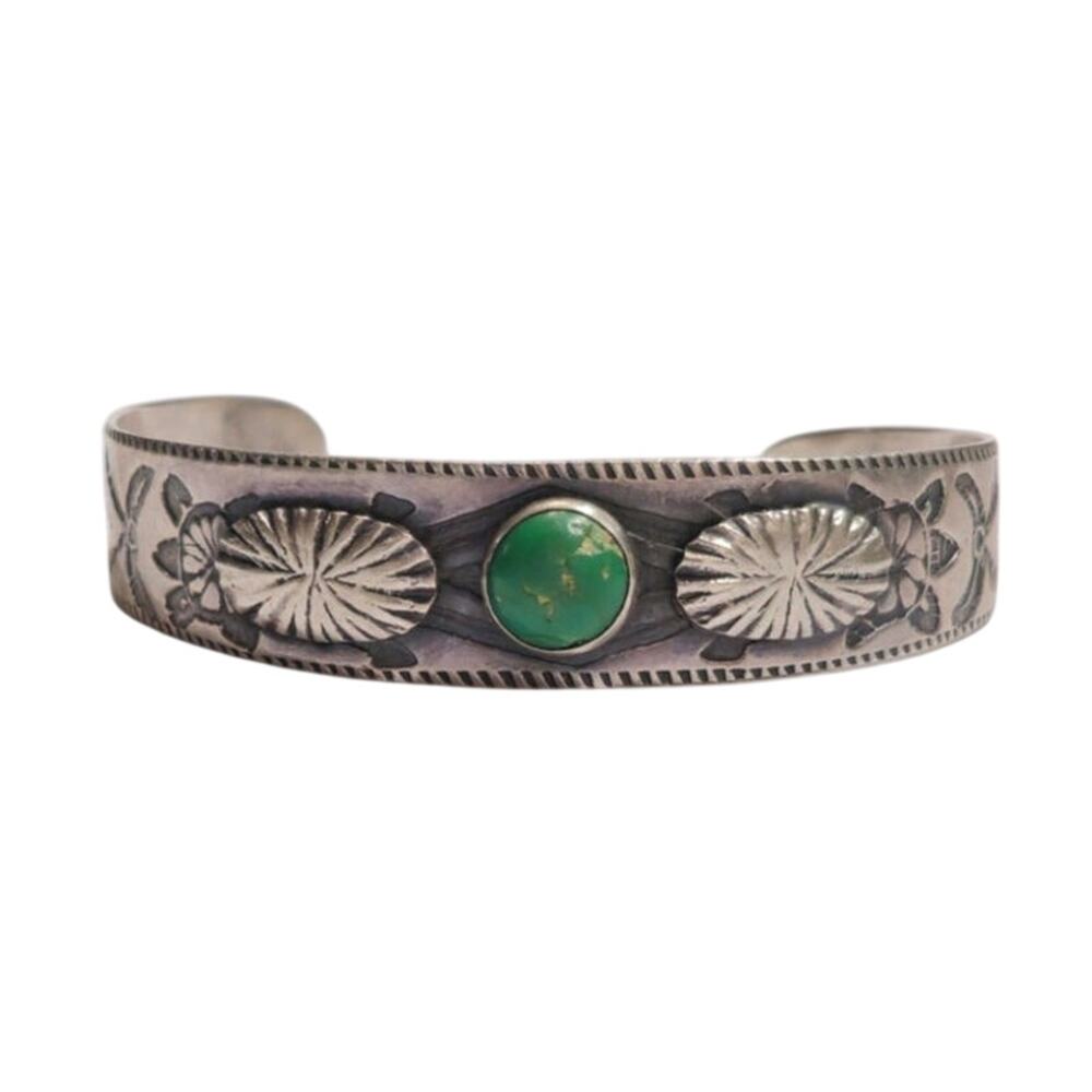 Vintage Fred Harvey Era Sterling Silver Turquoise Stampwork Cuff Bracelet